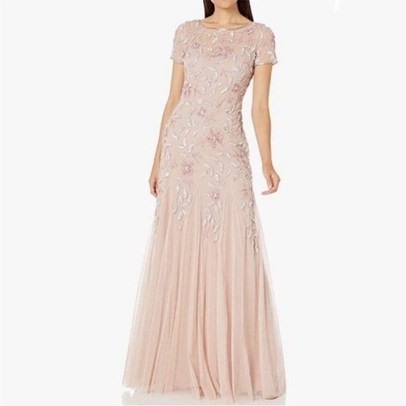 Adrianna Papell HAND BEADED SHORT SLEEVE FLORAL GODET GOWN IN BLUSH Size 18W - Picture 2 of 16